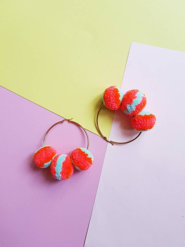 Coral & Mint Pom Pom Hoop Earrings