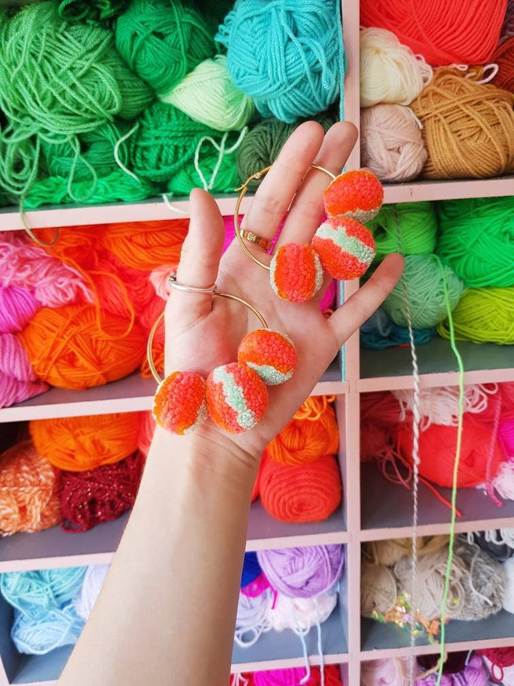 Coral & Mint Pom Pom Hoop Earrings