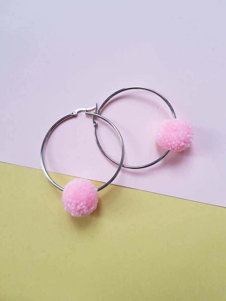 Pastel Pink Pom Pom Hoops Earring