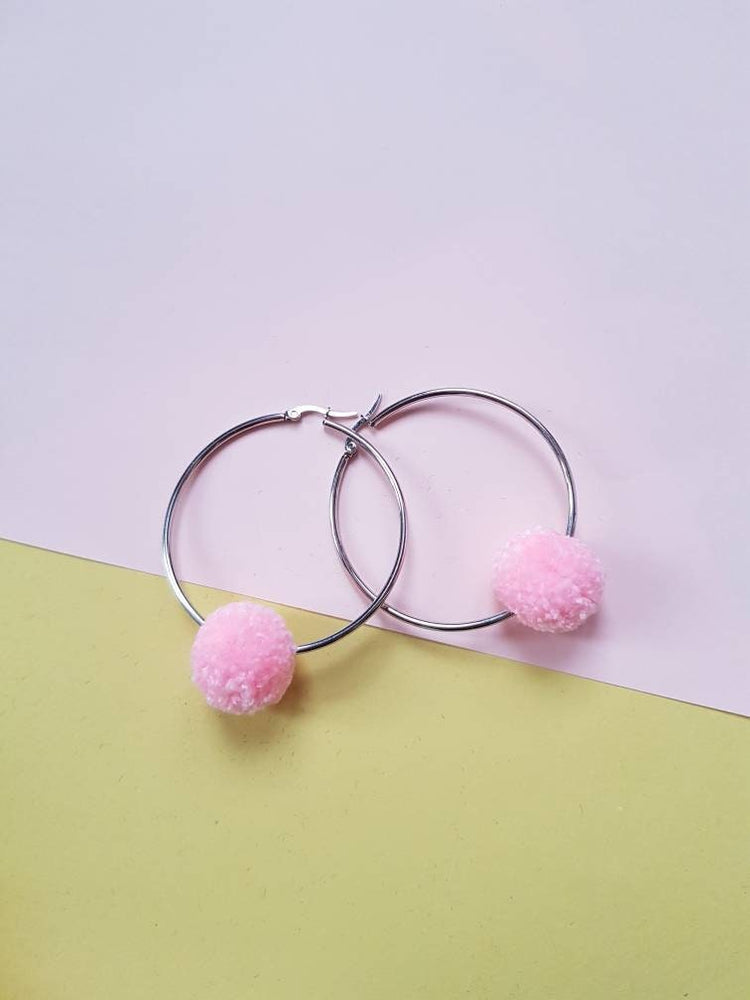 Pastel Pink Pom Pom Hoops Earring
