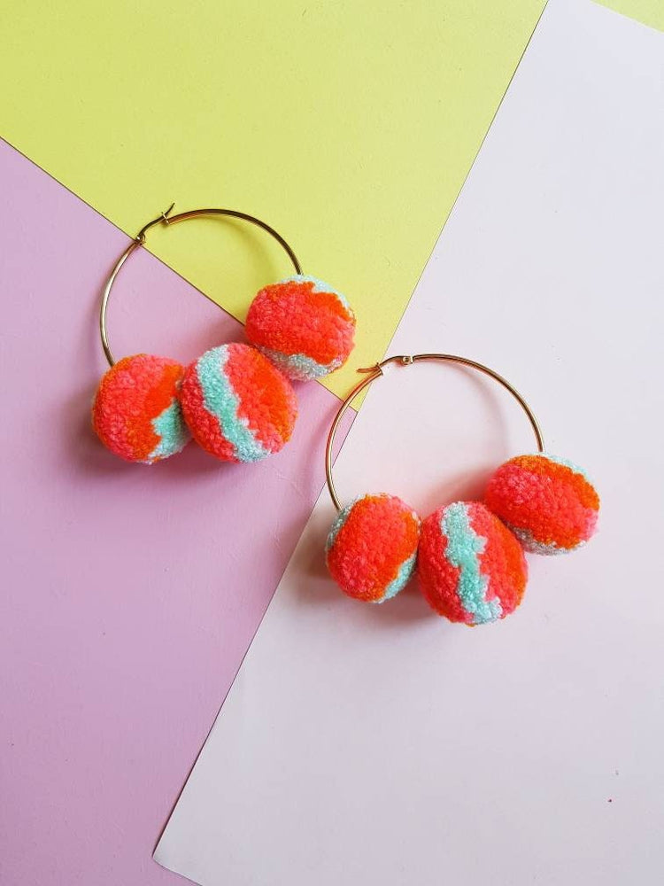 Coral & Mint Pom Pom Hoop Earrings
