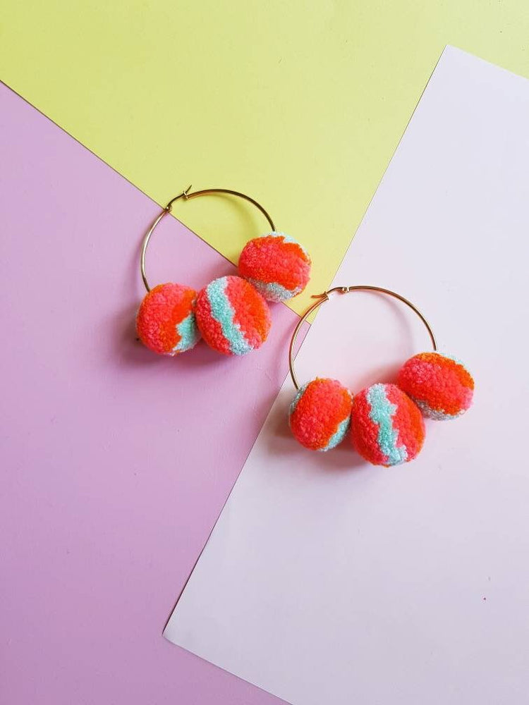 Coral & Mint Pom Pom Hoop Earrings