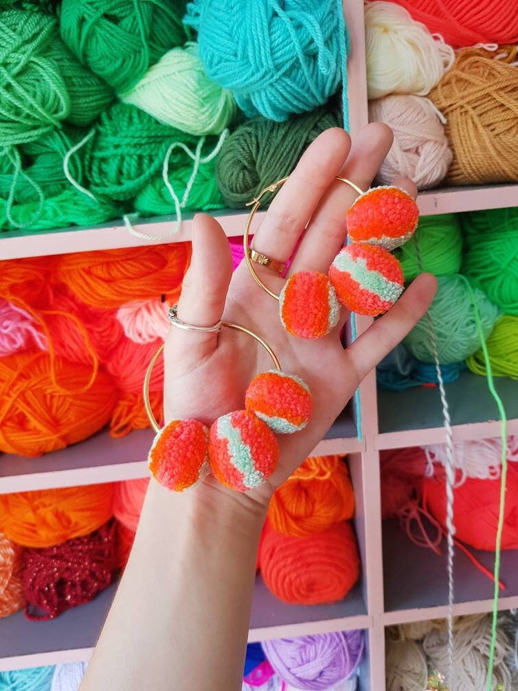 Coral & Mint Pom Pom Hoop Earrings