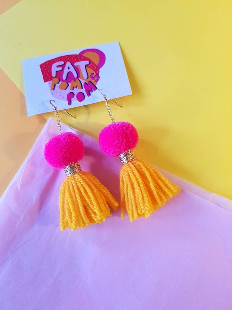 Pink & Sunflower Yellow Pom Pom Tassel Earrings