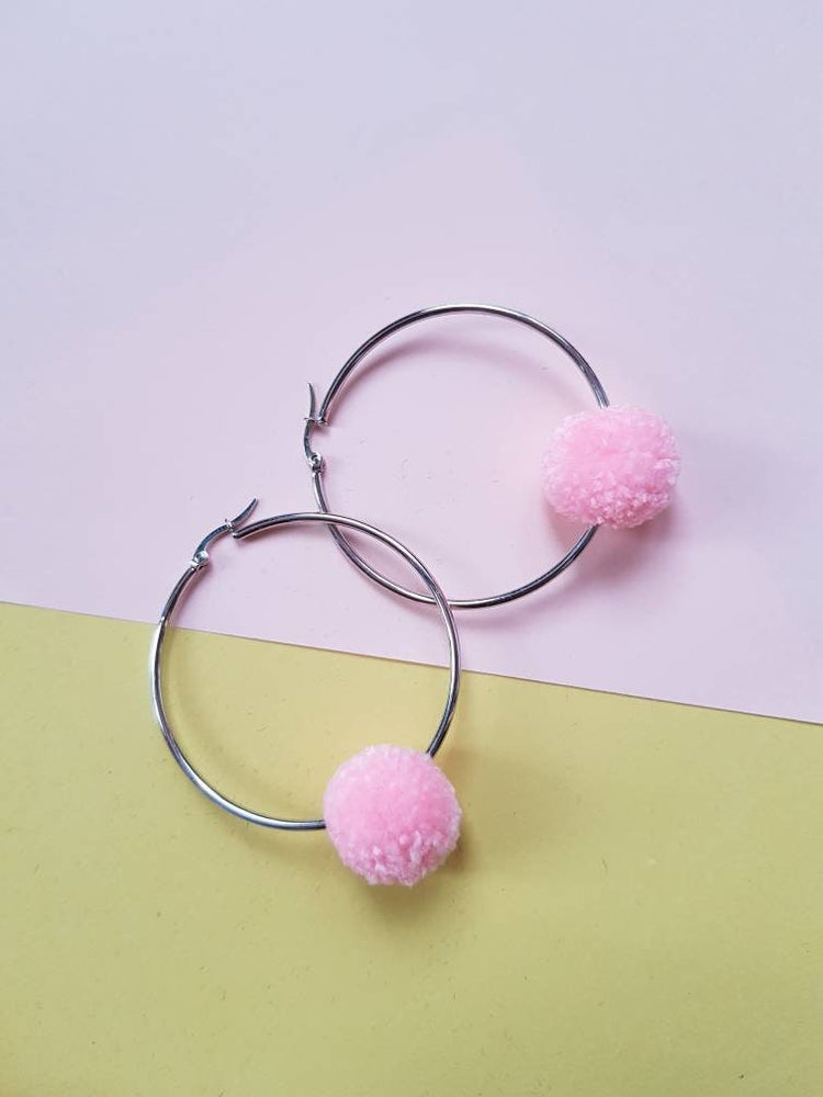 Pastel Pink Pom Pom Hoops Earring