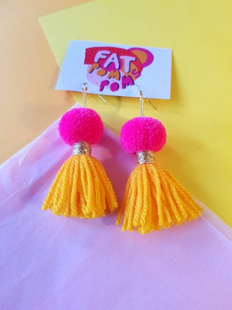 Pink & Sunflower Yellow Pom Pom Tassel Earrings