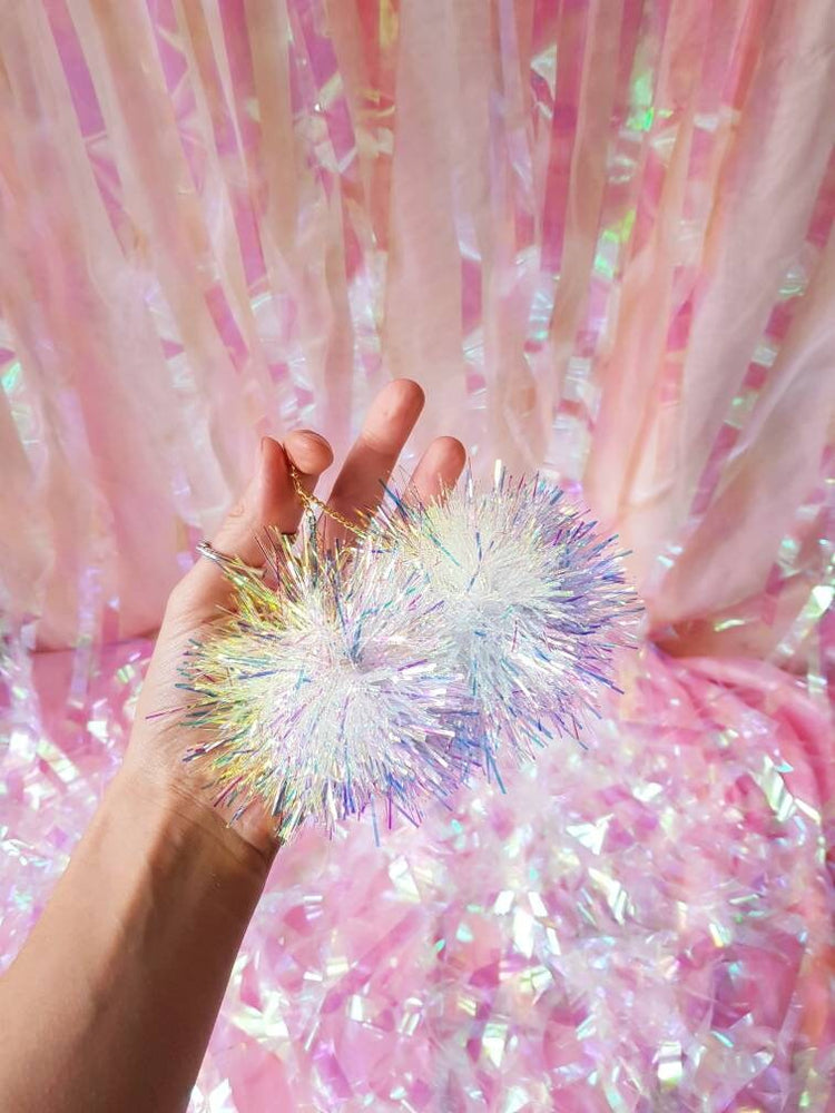 Iridescent Tinsel Pom Pom Earrings