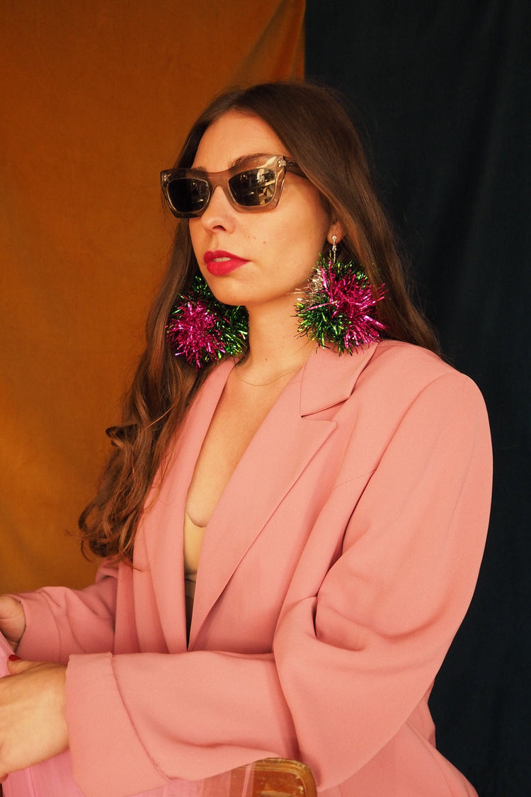 Green, Pink & Silver Tinsel Pom Pom Earrings