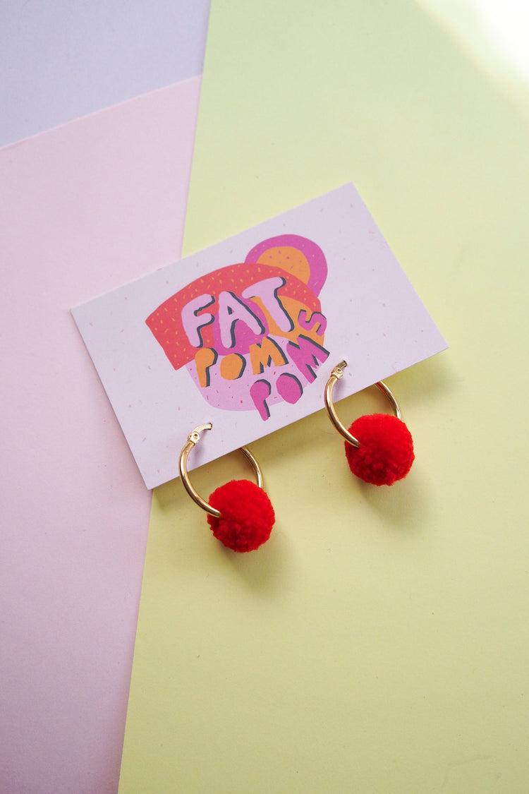 Red Pom Pom Tiny Hoop Earrings