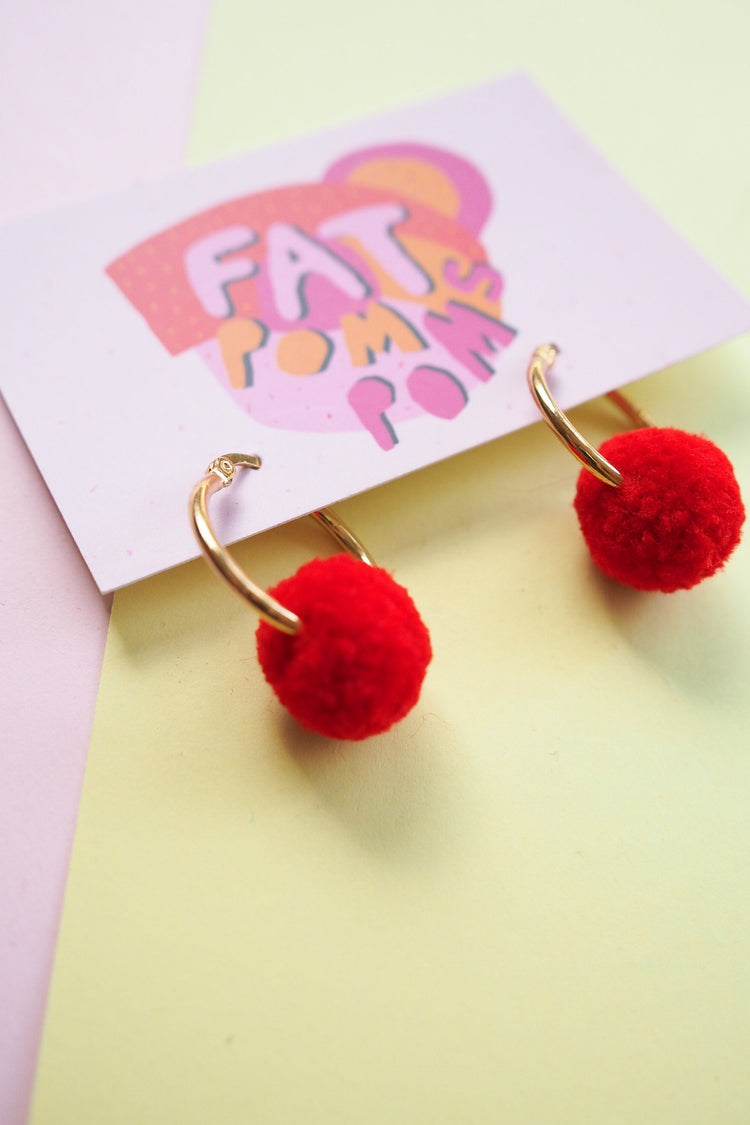 Red Pom Pom Tiny Hoop Earrings
