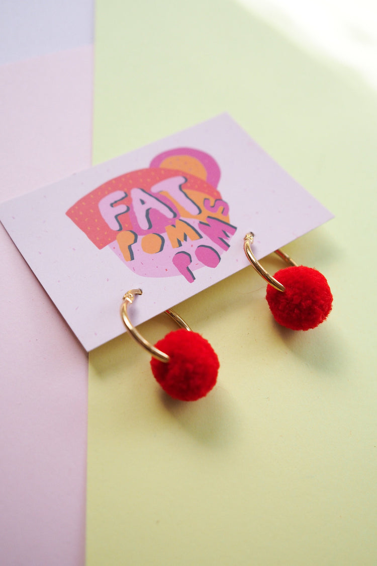 Red Pom Pom Tiny Hoop Earrings