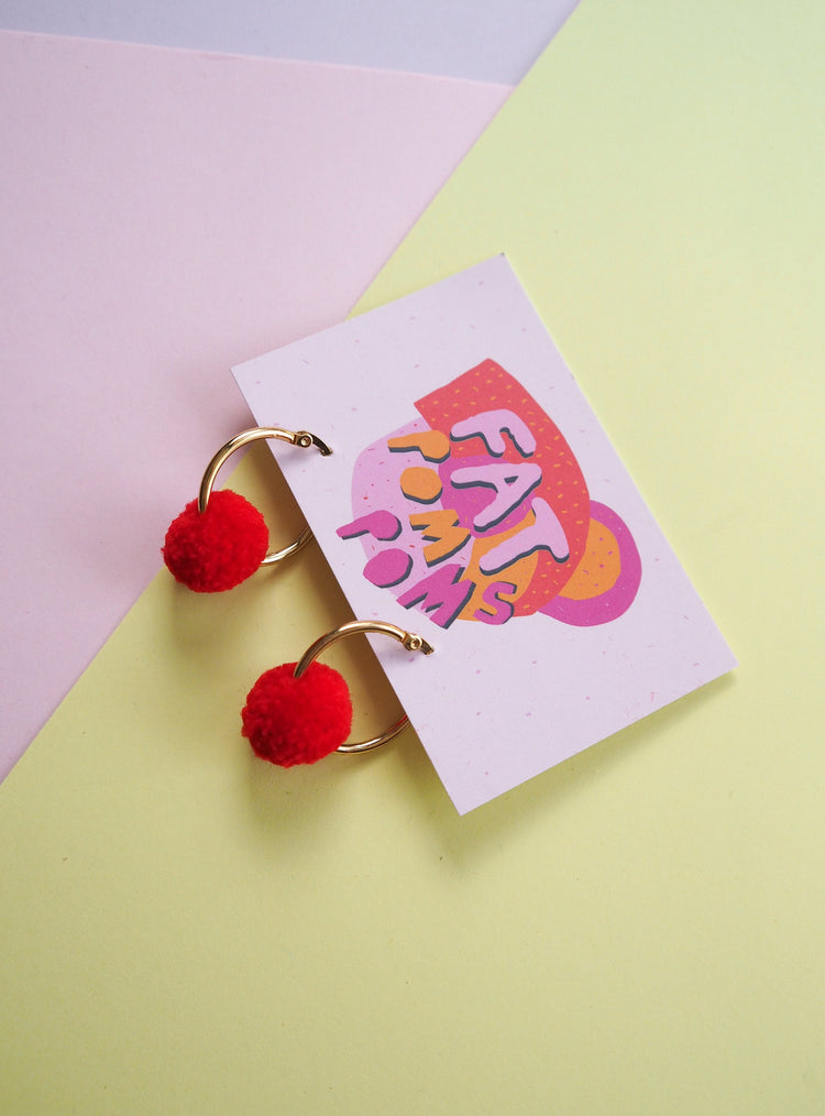 Red Pom Pom Tiny Hoop Earrings