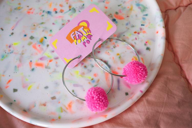 Candy Pink Pom Pom Hoop Earrings