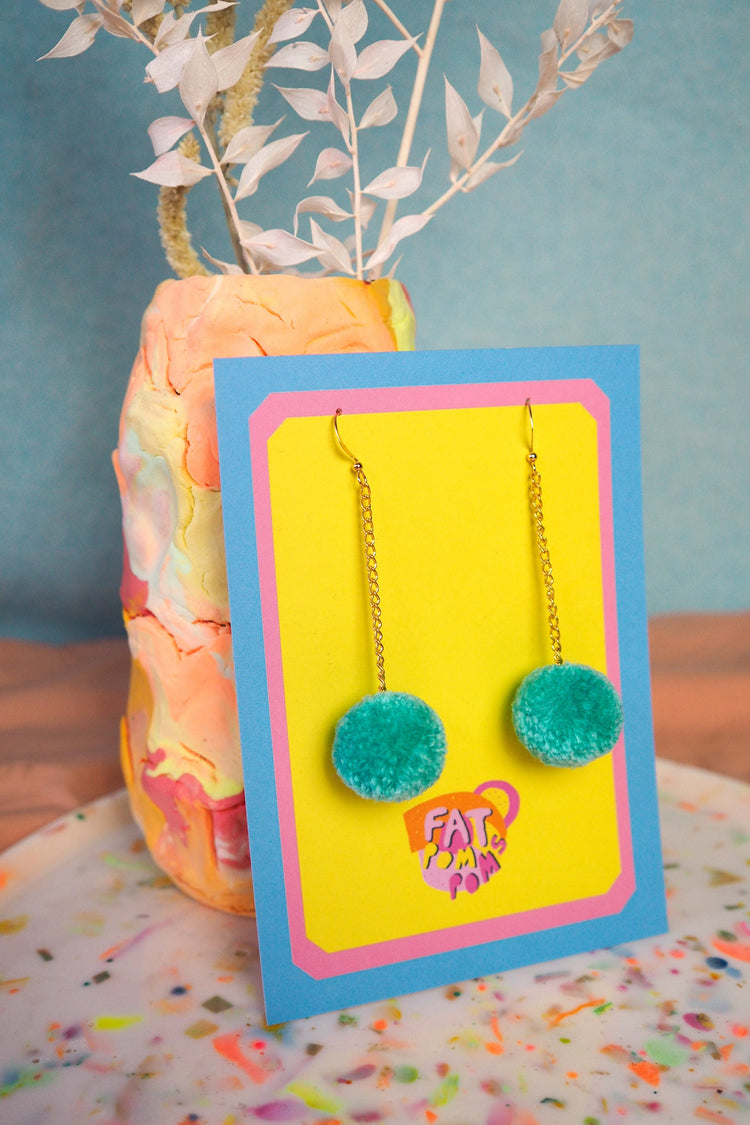 Turquoise Pom Pom Earrings