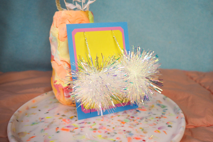 Iridescent Tinsel Pom Pom Earrings