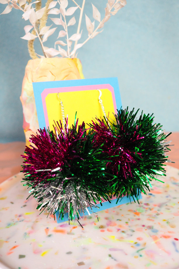 Green, Pink & Silver Tinsel Pom Pom Earrings