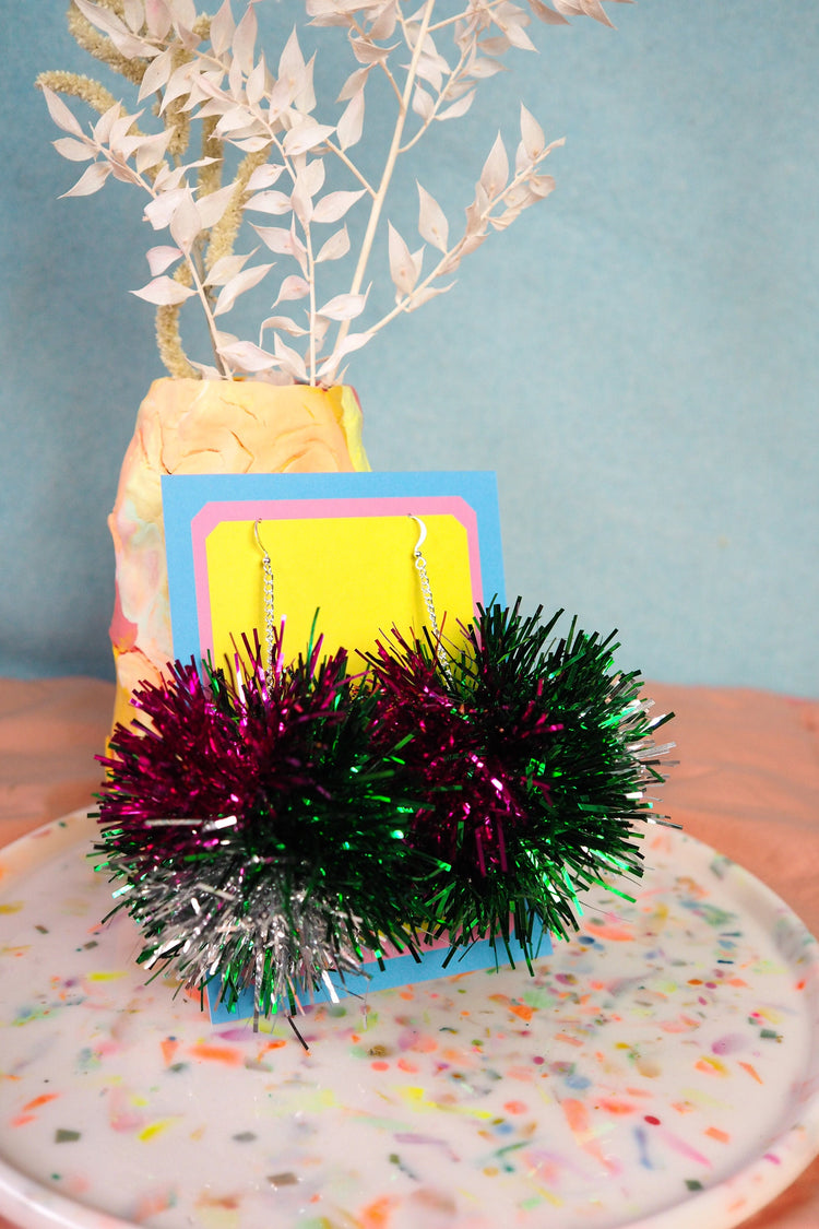Green, Pink & Silver Tinsel Pom Pom Earrings