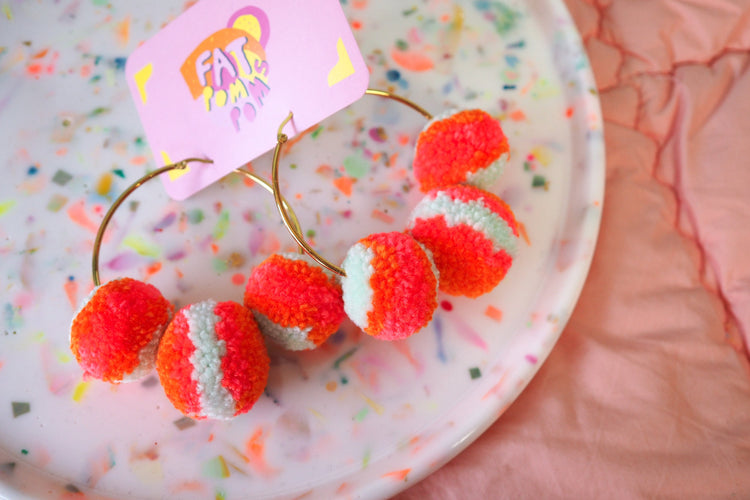 Coral & Mint Pom Pom Hoop Earrings
