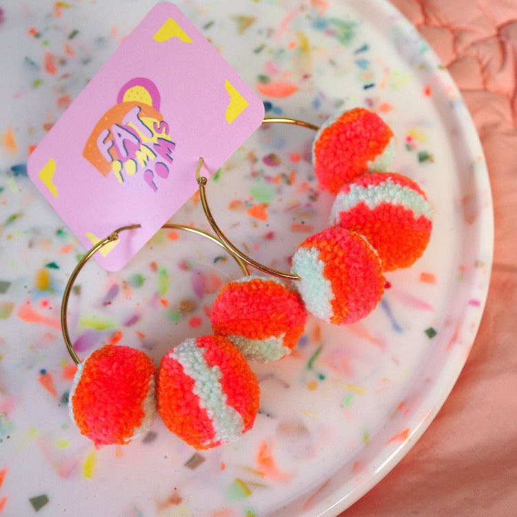 Coral & Mint Pom Pom Hoop Earrings