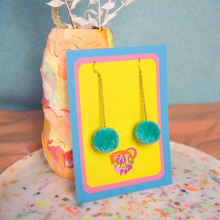 Turquoise Pom Pom Earrings