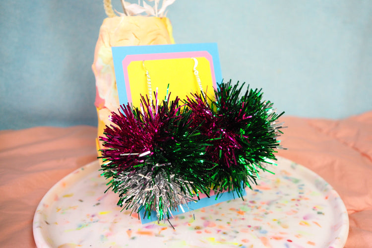 Green, Pink & Silver Tinsel Pom Pom Earrings