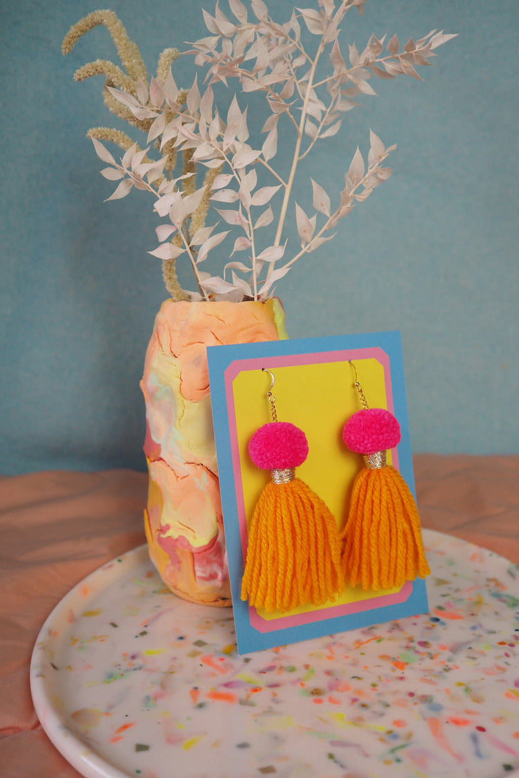 Pink & Sunflower Yellow Pom Pom Tassel Earrings