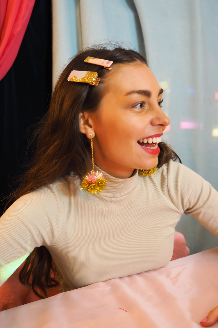 Mini Coral & Gold Tinsel Earrings