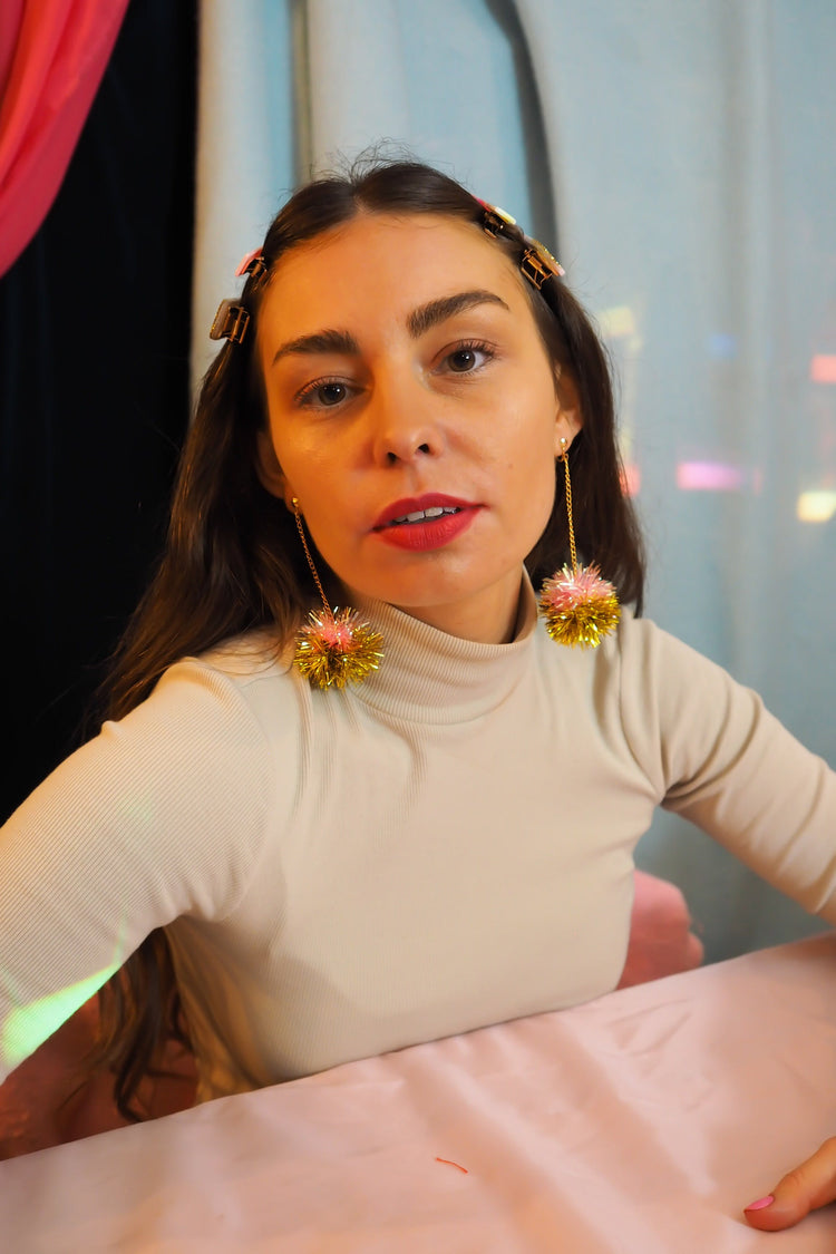 Mini Coral & Gold Tinsel Earrings