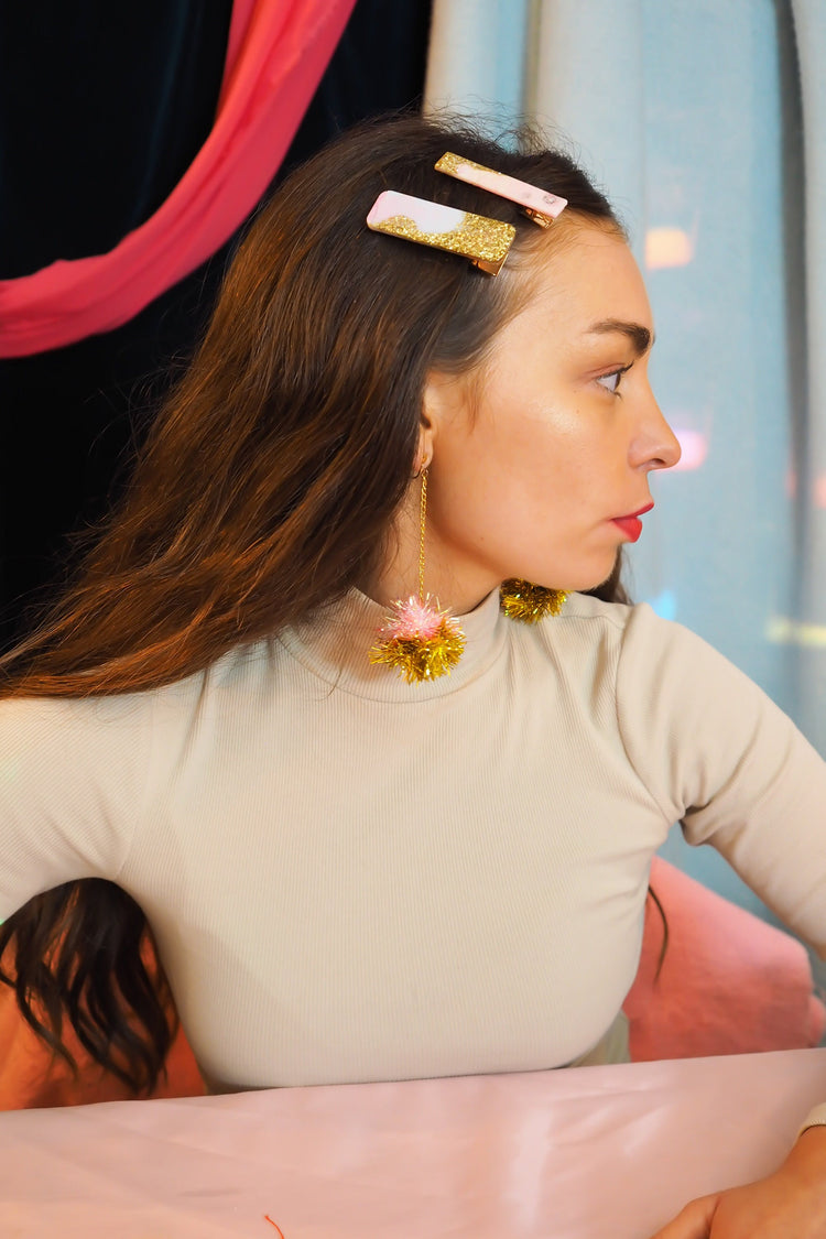 Mini Coral & Gold Tinsel Earrings