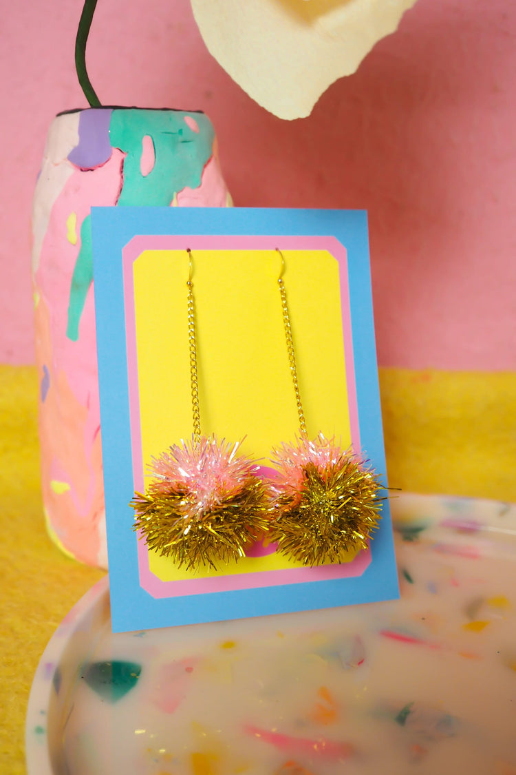 Mini Coral & Gold Tinsel Earrings
