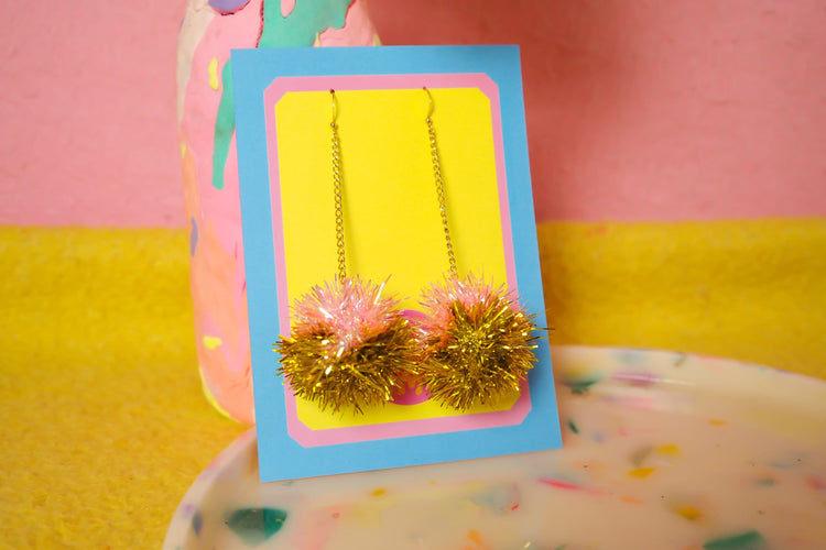 Mini Coral & Gold Tinsel Earrings
