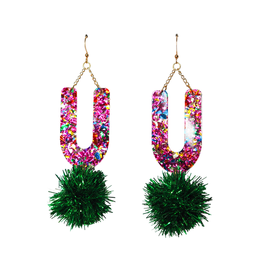 Rainbow Arch Tinsel Earrings - Green Tinsel  - 1 READY TO SHIP