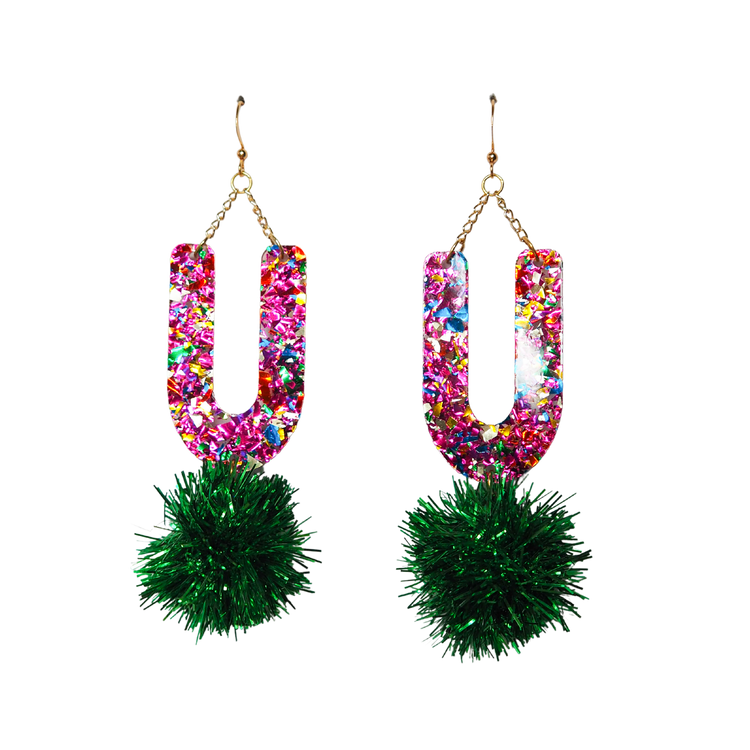 Rainbow Arch Tinsel Earrings - Green Tinsel