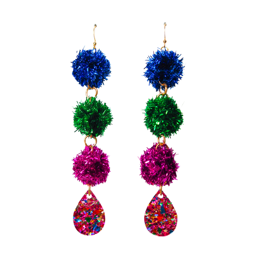 Statement Tinsel Dangle Earrings - Blue, Green & Pink