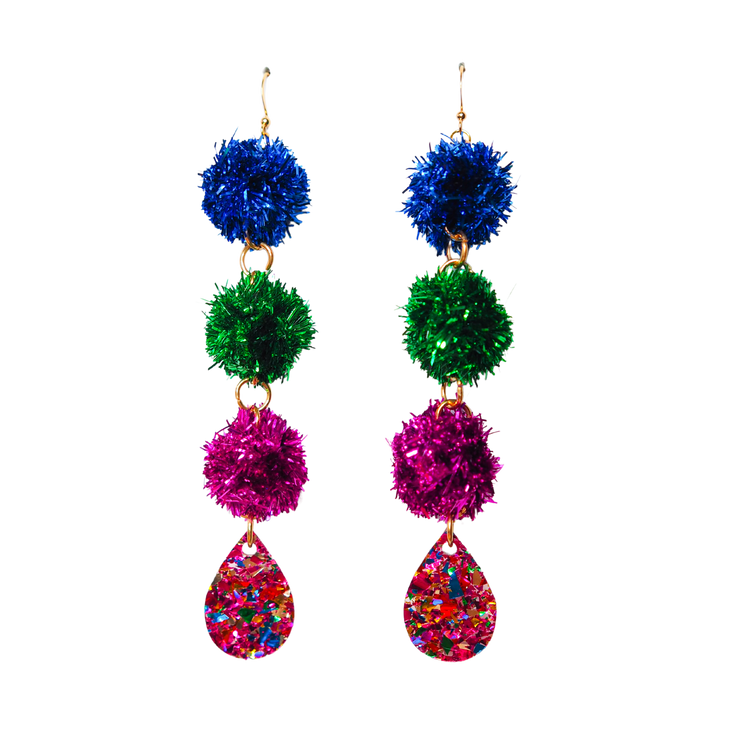 Statement Tinsel Dangle Earrings - Blue, Green & Pink