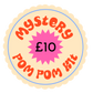 Round label with 'Mystery Pom Pom Kit £10' text on a white background