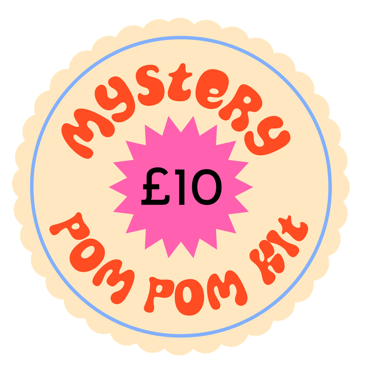Round label with 'Mystery Pom Pom Kit £10' text on a white background