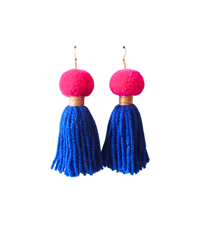 Pom Pom Tassel Earrings Sample Sale - Pink & Royal Blue