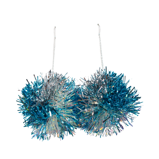 Blue, Silver & Iridescent Tinsel Pom Pom Earrings