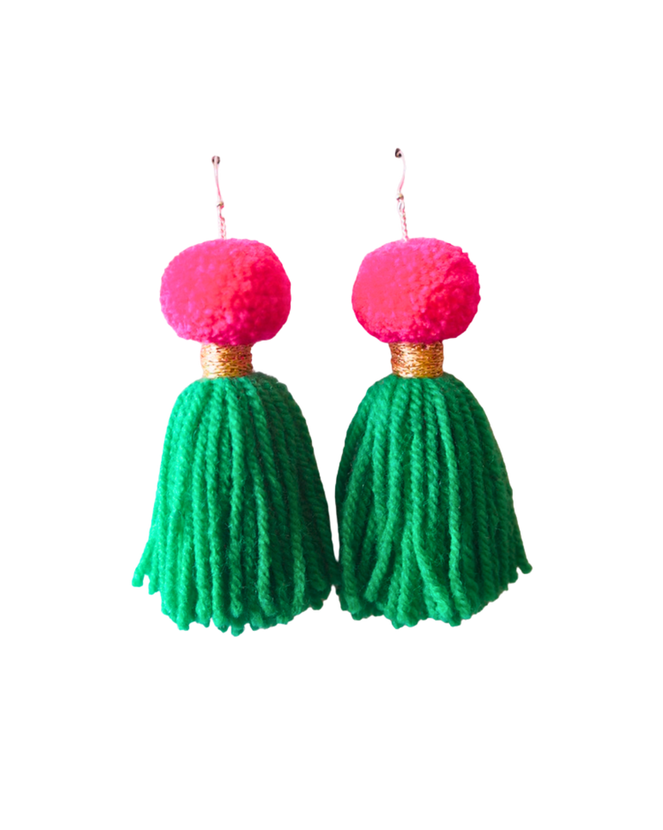 Pom Pom Tassel Earrings Sample Sale - Pink & Emerald Green