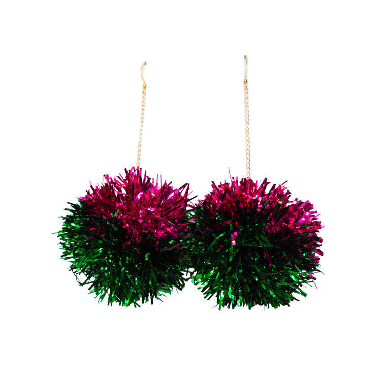 Pink & Green Tinsel Earrings - 1 READY TO SHIP