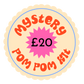 Round label with 'Mystery Pom Pom Kit £20' text on a white background