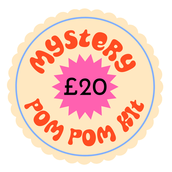 Round label with 'Mystery Pom Pom Kit £20' text on a white background