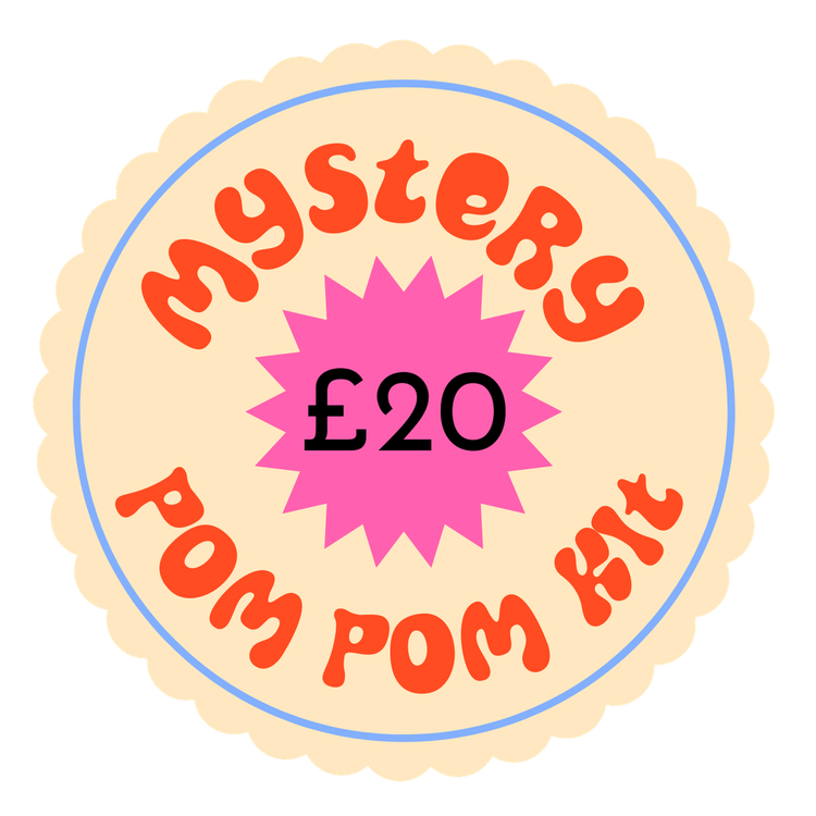 Round label with 'Mystery Pom Pom Kit £20' text on a white background
