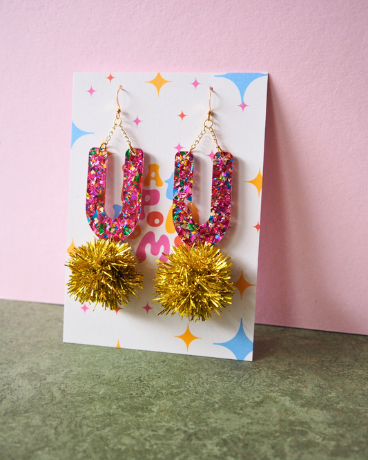 Rainbow Arch Tinsel Earrings - Gold Tinsel