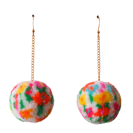 White Floral Meadow Pom Pom Earrings