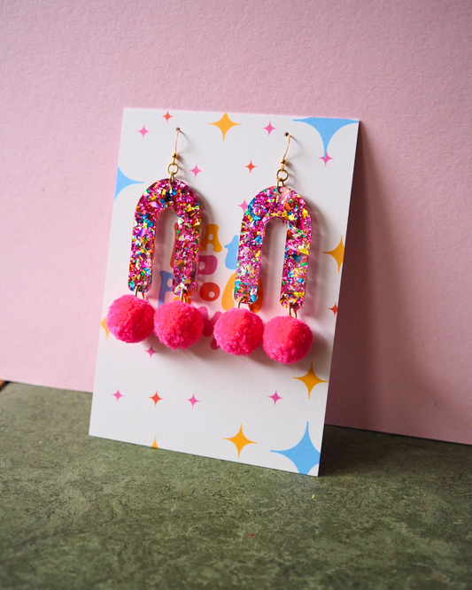 Rainbow Arch Pom Pom Earrings - Neon Pink Pom Poms