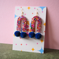 Rainbow Arch Pom Pom Earrings - Royal Blue Pom Poms