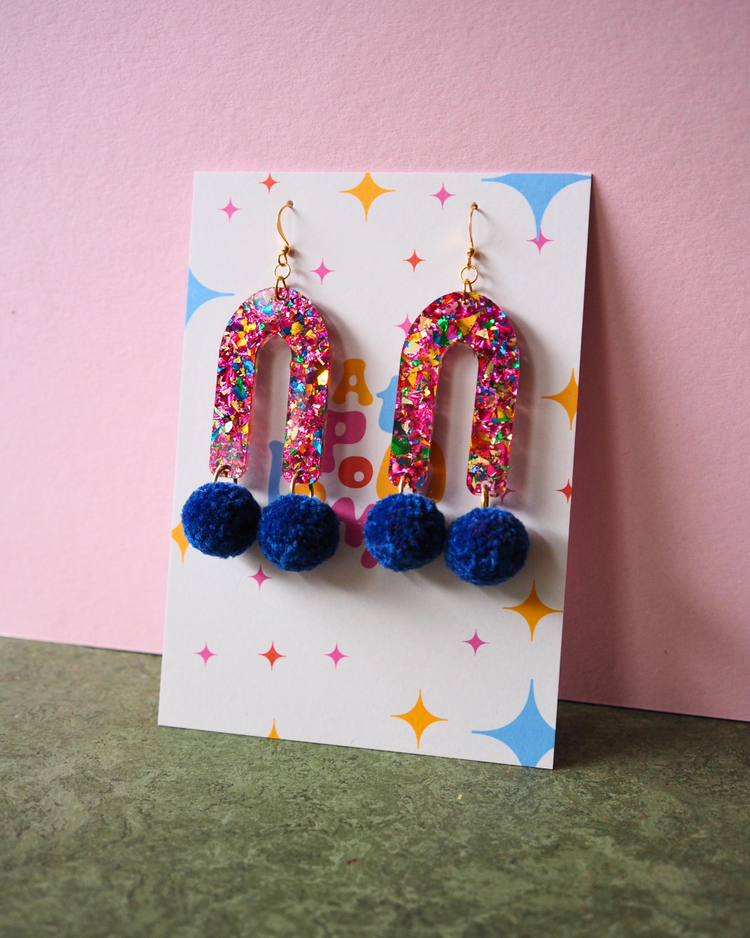 Rainbow Arch Pom Pom Earrings - Royal Blue Pom Poms