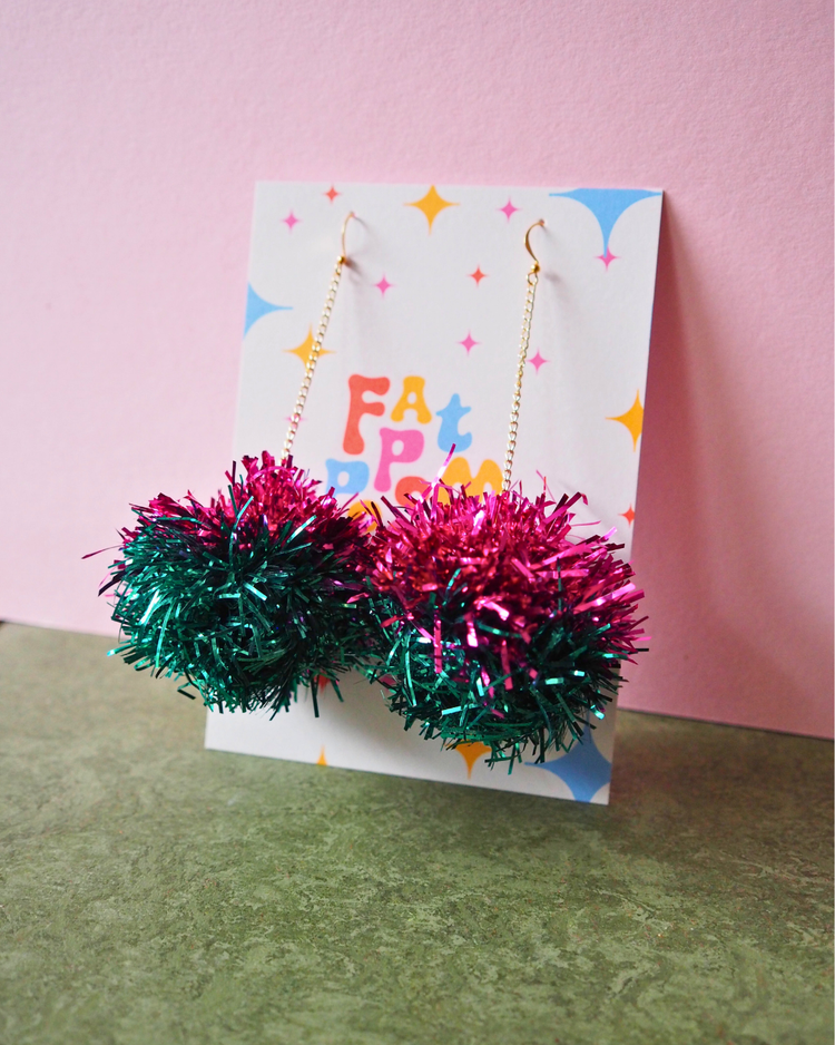 Pink & Teal Tinsel Earrings